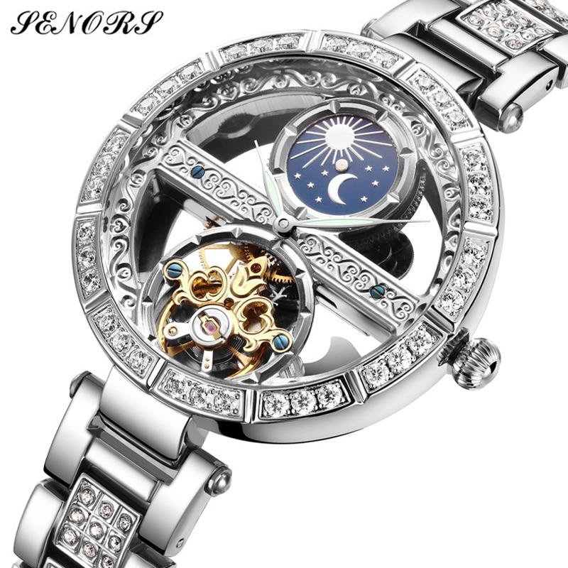 SENORS Women Automatic Mechanical Watches Stainless Steel Fashion Hollow Self-Winding Wristwatch Ladies Luxury Clock